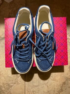 Tory Burch Denim Low-Top Lady Bug Sneakers with Brown Leather Accent